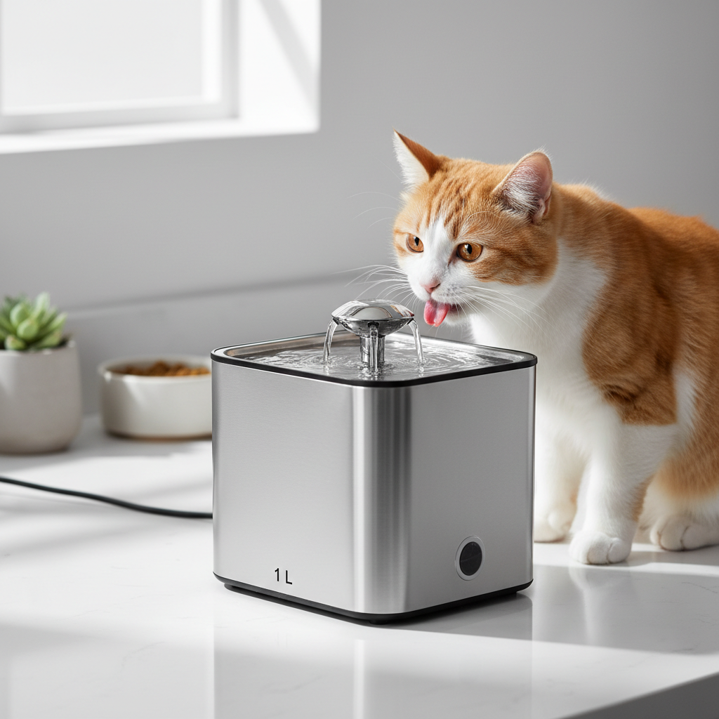 VelaPet Oasis Flow stainless steel pet water fountain with cat drinking